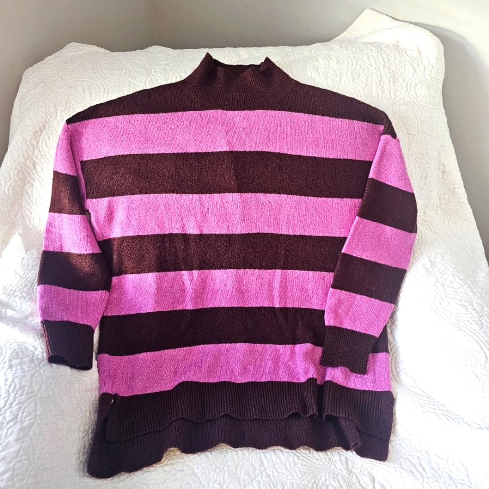LOFT Women's Burgundy & Pink Stripes Mock Turtleneck Sweater